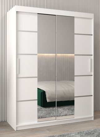 Schiebetürenschrank / Kleiderschrank Jan 03D mit Spiegel, Farbe: Weiß matt - Abmessungen: 200 x 150 x 62 cm (H x B x T)