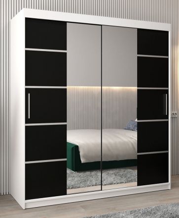 Schiebetürenschrank / Kleiderschrank Jan 04D mit Spiegel, Farbe: Weiß matt / Schwarz - Abmessungen: 200 x 180 x 62 cm (H x B x T)