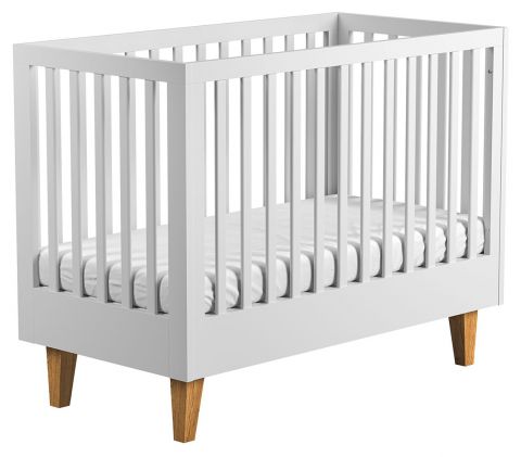 Babybett / Gitterbett Rilind 01, Farbe: Weiß / Eiche - Liegefläche: 60 x 120 cm (B x L)