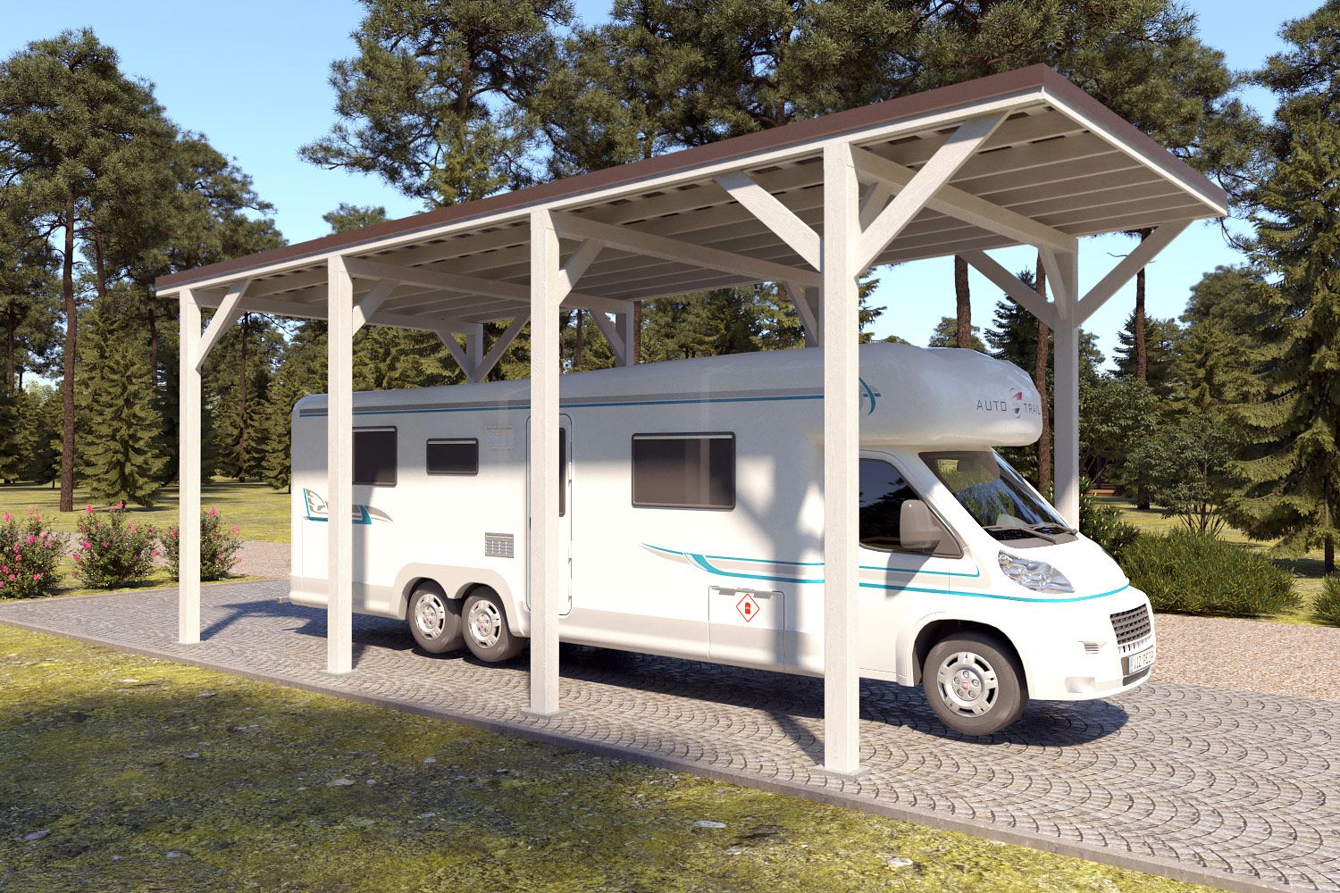 Camping Carport "Stabil" 8 x 4 m (LxB) | 250 kg/m² Dachlast | 32 m² | Reinweiß mit dunkelbraunem Dach