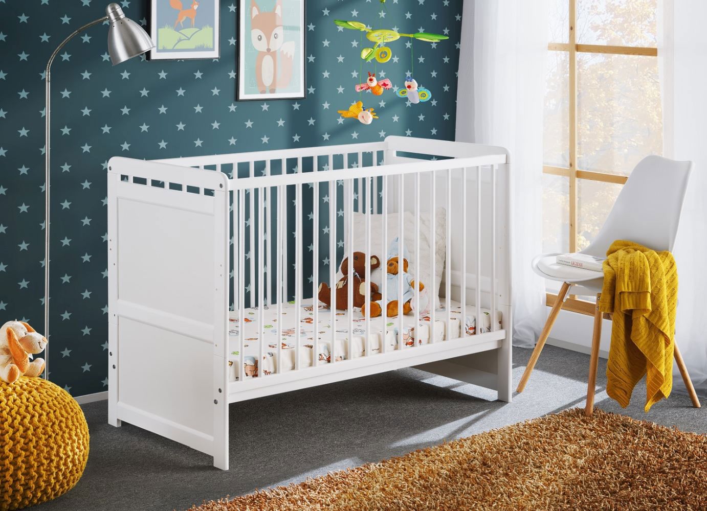 Babybett / Gitterbett mit neutralen Stil, Avaldsnes 09, Farbe: Weiß - Abmessungen: 90 x 124 x 67 cm (H x B x T)