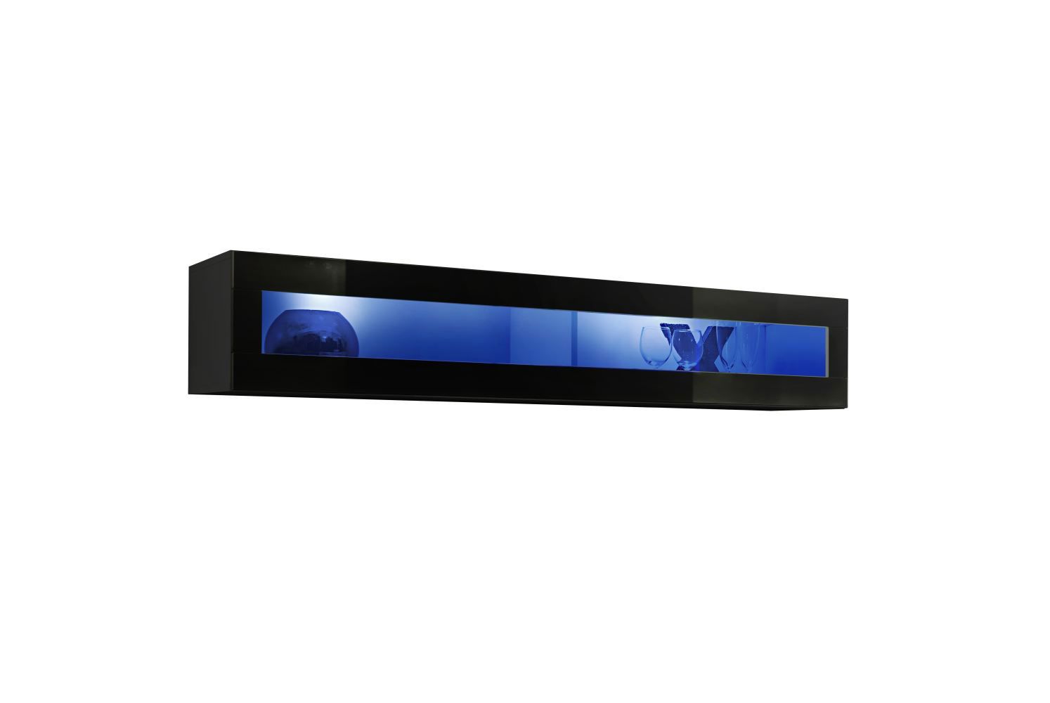 Stylische Hängevitrine Raudberg 40, Farbe: Schwarz - Abmessungen: 30 x 160 x 29 cm (H x B x T), mit blauer LED-Beleuchtung