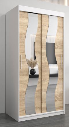 Schiebetürenschrank / Kleiderschrank Hacho 1 mit Spiegel, Farbe: Weiß matt / Eiche Sonoma - Abmessungen: 200 x 100 x 62 cm ( H x B x T)