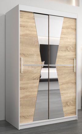 Schiebetürenschrank / Kleiderschrank Naranco 02 mit Spiegel, Farbe: Weiß matt / Eiche Sonoma - Abmessungen: 200 x 120 x 62 cm ( H x B x T)
