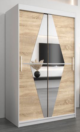Schiebetürenschrank / Kleiderschrank Alphubel 02 mit Spiegel, Farbe: Weiß matt / Eiche Sonoma - Abmessungen: 200 x 120 x 62 cm ( H x B x T)