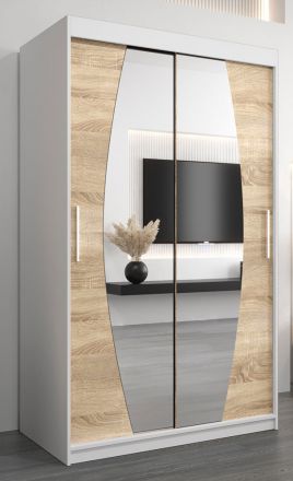 Schiebetürenschrank / Kleiderschrank Calvitero 02 mit Spiegel, Farbe: Weiß matt / Eiche Sonoma - Abmessungen: 200 x 120 x 62 cm ( H x B x T)