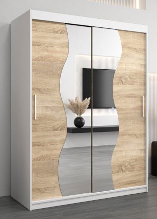 Schiebetürenschrank / Kleiderschrank Robinyera 03 mit Spiegel, Farbe: Weiß matt / Eiche Sonoma - Abmessungen: 200 x 150 x 62 cm ( H x B x T)
