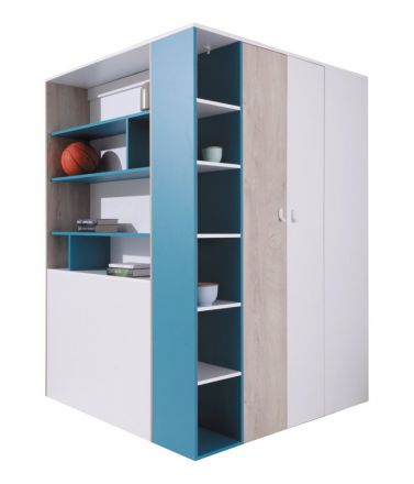 Jugendzimmer - Drehtürenschrank / Eckkleiderschrank Aalst 15, Farbe: Eiche / Weiß / Blau - Abmessungen: 190 x 135 x 135 cm (H x B x T)