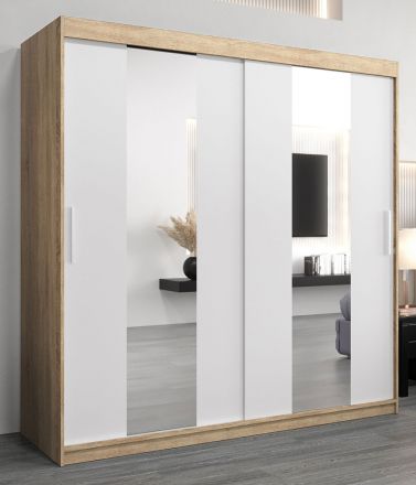 Schiebetürenschrank / Kleiderschrank Polos 05 mit Spiegel, Farbe: Eiche Sonoma / Weiß matt - Abmessungen: 200 x 200 x 62 cm (H x B x T)