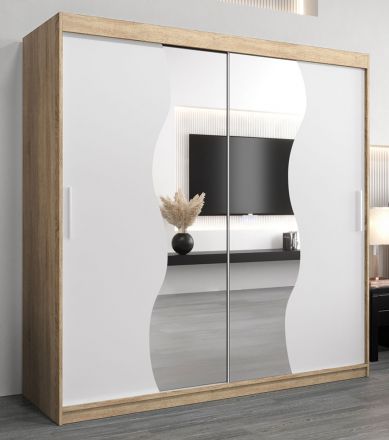Schiebetürenschrank / Kleiderschrank Robinyera 05 mit Spiegel, Farbe: Eiche Sonoma / Weiß matt - Abmessungen: 200 x 200 x 62 cm ( H x B x T)