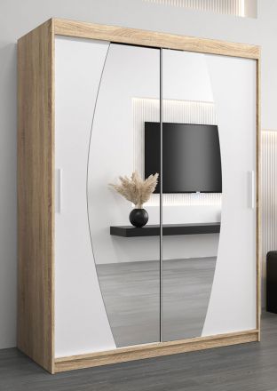 Schiebetürenschrank / Kleiderschrank Calvitero 03 mit Spiegel, Farbe: Eiche Sonoma / Weiß matt - Abmessungen: 200 x 150 x 62 cm ( H x B x T)