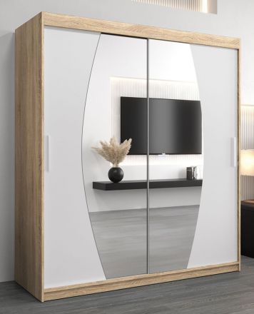 Schiebetürenschrank / Kleiderschrank Calvitero 04 mit Spiegel, Farbe: Eiche Sonoma / Weiß matt - Abmessungen: 200 x 180 x 62 cm ( H x B x T)
