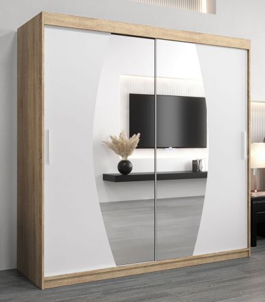 Schiebetürenschrank / Kleiderschrank Calvitero 05 mit Spiegel, Farbe: Eiche Sonoma / Weiß matt - Abmessungen: 200 x 200 x 62 cm ( H x B x T)