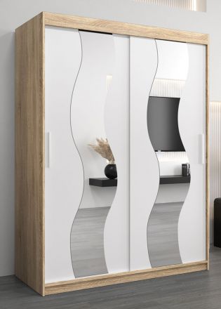 Schiebetürenschrank / Kleiderschrank Hacho 03 mit Spiegel, Farbe: Eiche Sonoma / Weiß matt - Abmessungen: 200 x 150 x 62 cm ( H x B x T)