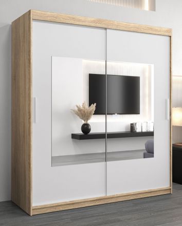 Schiebetürenschrank / Kleiderschrank Claveles 04 mit Spiegel, Farbe: Eiche Sonoma / Weiß matt - Abmessungen: 200 x 180 x 62 cm ( H x B x T)