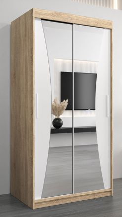 Schiebetürenschrank / Kleiderschrank Serbota 01 mit Spiegel, Farbe: Eiche Sonoma / Weiß matt - Abmessungen: 200 x 100 x 62 cm ( H x B x T )