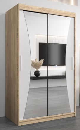 Schiebetürenschrank / Kleiderschrank Serbota 02 mit Spiegel, Farbe: Eiche Sonoma / Weiß matt - Abmessungen: 200 x 120 x 62 cm ( H x B x T )