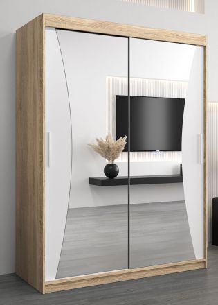 Schiebetürenschrank / Kleiderschrank Serbota 03 mit Spiegel, Farbe: Eiche Sonoma / Weiß matt - Abmessungen: 200 x 150 x 62 cm ( H x B x T )