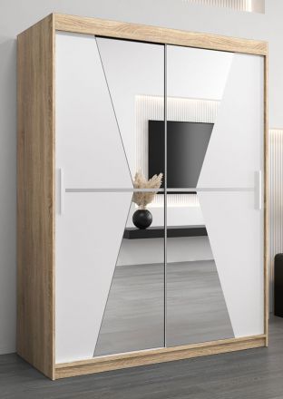 Schiebetürenschrank / Kleiderschrank Naranco 03 mit Spiegel, Farbe: Eiche Sonoma / Weiß matt - Abmessungen: 200 x 150 x 62 cm ( H x B x T)