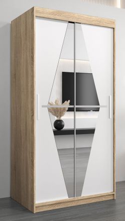 Schiebetürenschrank / Kleiderschrank Alphubel 01 mit Spiegel, Farbe: Eiche Sonoma / Weiß matt - Abmessungen: 200 x 100 x 62 cm ( H x B x T)
