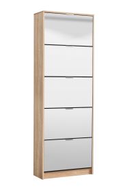 Schuhschrank mit 10 Fächer Gradide 11, Farbe: Eiche Sonoma, fünf Kipptüren, Maße: 191,5 x 67 x 28 cm, 10 Fächer, ABS-Kanten, Spiegel-Front, modernes Design