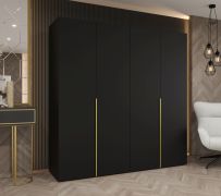 Drehtürenschrank Eiger 30, vier Türen, Farbe: Schwarz, zwei Kleiderstangen, 2 Meter breit, Soft-Close-Funktion, Kleiderschrank, Griffe: Gold, zwei Fächer