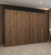 Kleiderschrank mit vier Kleiderstangen | Farbe: Walnuss | 3 Meter breit | vier Fächer | vier Türen | Soft-Close-Funktion | Griffe: Gold | für Schlafzimmer