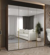 Kleiderschrank mit Soft-Close-Funktion | Farbe: Walnuss | zwei Fächer | 2 Meter breit | zwei Kleiderstangen | Griffe: Gold | vier Spiegeltüren