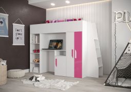 Hochbett / Kinderbett / Funktionsbett-Kombination mit Schreibtisch, Treppe und viel Stauraum Jura 26, Farbe: Weiß / Pink - Liegefläche: 90 x 200 cm