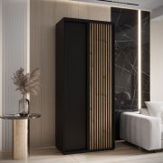 Kleiderschrank Mina in Schwarz mit Schiebetüren, 235,2 x 100 x 60 cm, Anti Staubbürsten, Eichen Lamellen Optik, viel Stauraum, Schwarze Metallgriffe