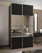 Kleiderschrank / Schiebetürenschrank | 245,5 x 130 x 64 cm | 2 Schiebetüren | 2 Kleiderstangen | 6 Fächer | Spiegel | Soft-Close | Farbe: Schwarz