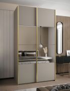 Kleiderschrank / Schiebetürenschrank | 6 Fächer | Farbe: Kaschmir | Spiegel | Soft-Close | 2 Schiebetüren | 2 Kleiderstangen | 245,5 x 140 x 64 cm