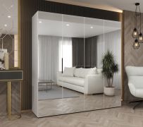 Kleiderschrank mit zwei Kleiderstangen Korab 135, Farbe: Weiß, 2 Meter breit, Drehtürenschrank, Soft-Close-Funktion, Griffe: Schwarz, vier Spiegeltüren