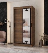 Schiebetürenschrank / Kleiderschrank | Farbe: Walnuss Warmia | 5 Fächer | 2 Kleiderstangen | schmal | 100 x 62 x 200 cm | dekorative Spiegeltür | für Schlafzimmer