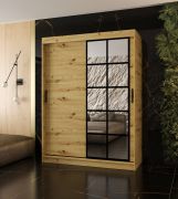 Schiebetürenschrank / Kleiderschrank | Farbe: Eiche Artisan | 5 Fächer | 2 Kleiderstangen | 150 x 62 x 200 cm | dekorative Spiegeltür | für Schlafzimmer