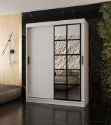 Schiebetürenschrank / Kleiderschrank | Weiß Matt | 5 Fächer | 2 Kleiderstangen | 150 x 62 x 200 cm | dekorative Spiegeltür | für Schlafzimmer