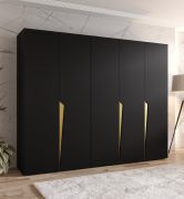 Kleiderschrank | Farbe: Schwarz | 5-Türig | 3 Fächer | Griffe: Gold | 3 Kleiderstangen| Soft-Close-Funktion | Maße: 250 x 52 x 202 cm | ABS-Kanten