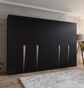 Drehtürenschrank / Kleiderschrank | Farbe: Schwarz | 4 Fächer | 3 Meter breit | Griffe: Kaschmir | 4 Kleiderstangen | Soft-Close-Funktion | Maße: 300 x 52 x 202 cm