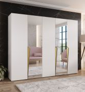 Kleiderschrank | Farbe: Weiß | 2 Spiegeltür | 3 Fächer | 3 Kleiderstangen | Griffe: Gold | Maße: 250 x 52 x 202 cm | Soft-Close-Funktion | ABS-Kanten