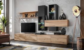 Wohnwand | Farbe: Eiche Coast Evoke / Schwarz matt | inkl. LED-Beleuchtung | Maße: 280 x 45 x 180 cm | genügend Stauraum | für Wohnzimmer