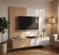 TV-Unterschrank inklusive Wandpaneel | Farbe: Eiche Graphite / Weißer Marmor | geriffelte Front | Push-to-open Funktion | 240 x 40 x 160 cm | für Wohnzimmer