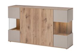 Vitrine | Farbe: Eiche Viking / Kaschmir | Push-to-open Funktion | 4 Drehtüren | Maße: 160 x 40 x 92 cm | inkl. LED-Beleuchtung | 9 Fächer
