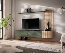 Wohnwand | Farbe: Eiche Hickory Jackson / Grün | Push-to-open Funktion | 180 x 40 x 130 cm | 1 TV-Unterschrank | 1 Wandregal