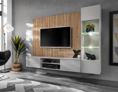 Wohnwand | Push-to-open Funktion | Farbe: Perla Grau / Eiche Artisan | inkl. LED-Beleuchtung | Maße: 200 x 35 x 148 cm | 1 TV-Unterschrank | 1 Vitrine