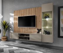 Wohnwand | Farbe: Clay Grau / Eiche Artisan | Push-to-open Funktion | 200 x 35 x 148 cm | inkl. LED-Beleuchtung | 1 TV-Unterschrank | 1 Vitrine