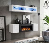 Hängevitrine und Kommode mit Kamin Hompland 125, Farbe: Weiß - Abmessungen: 150 x 160 x 40 cm (H x B x T), mit blauer LED-Beleuchtung