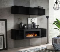 Hängeschrank und Kommode mit Kamin Hompland 124, Farbe: Schwarz - Abmessungen: 150 x 160 x 40 cm (H x B x T)