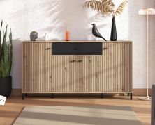 Kommode | drei Drehtüren | 1 Schublade | Farbe: Eiche Artisan / Schwarz | 6 Fächer | Maße: 170 x 40 x 90 cm | Sideboard | ABS-Kantenschutz