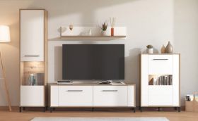 Wohnwand | 2 Vitrinen | Farbe: Eiche Artisan / Opak Weiß | 1 TV-Unterschrank | 1 Wandregal | Maße: 299 x 40 x 192,5 cm