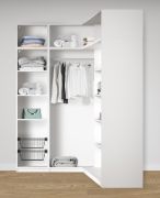 Offener Eckkleiderschrank | 11 Fächer | Farbe: Weiß | 1 Kleiderstange | 7 Holzeinlegeböden | Maße: 108,5 x 55 x 234 cm | 2 Wäschekörbe | Universelles Design